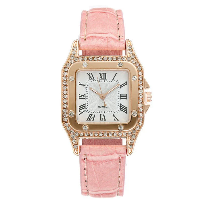 Elegant women's quartz watch with pink leather strap and gold-tone rhinestone-studded square case