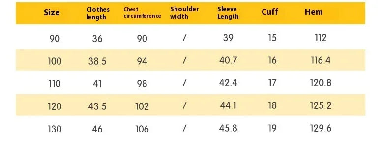 Children's clothing size chart with measurements for length, chest, sleeve, cuff, and hem