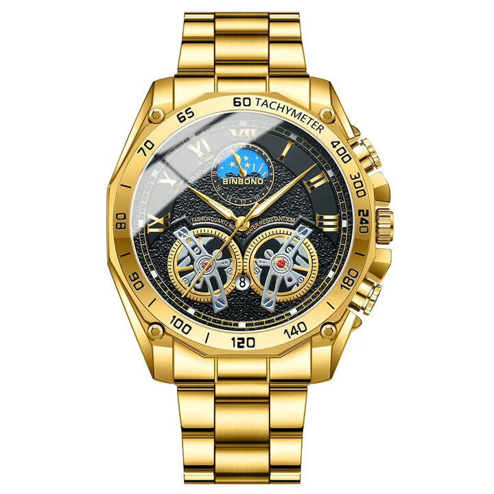 Gold BINBOND men's wristwatch with black textured dial, tachymeter bezel, and dual subdials