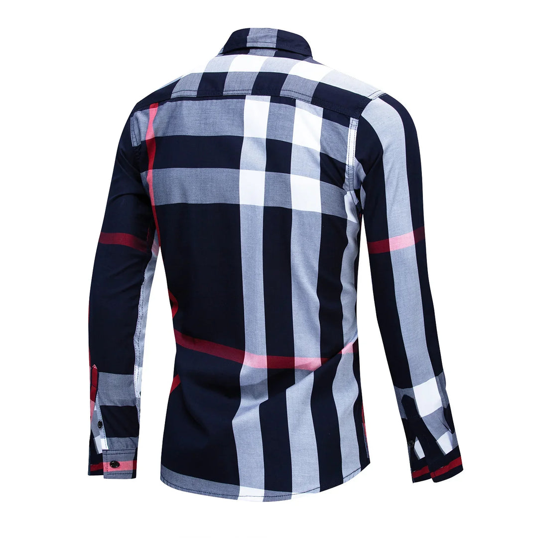 men's long sleeve plaid shirt in black white gray and red back view
