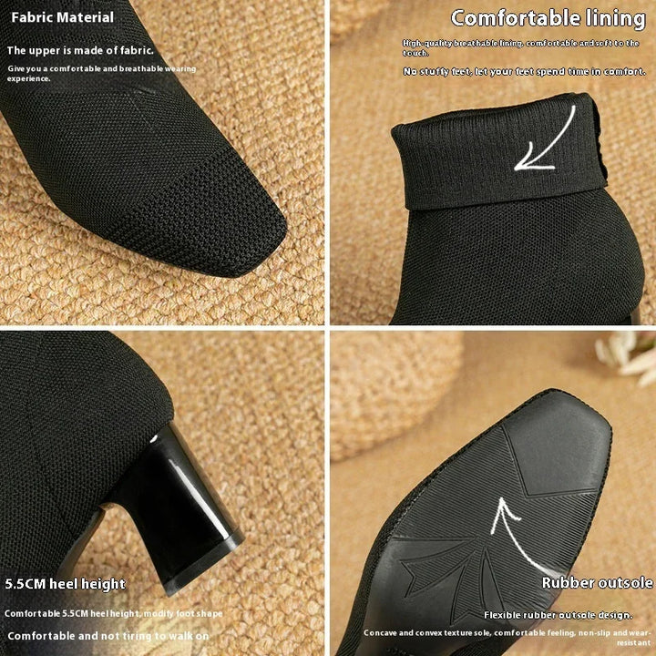 Black fabric ankle boots with 5.5cm heel, breathable lining, and flexible rubber outsole