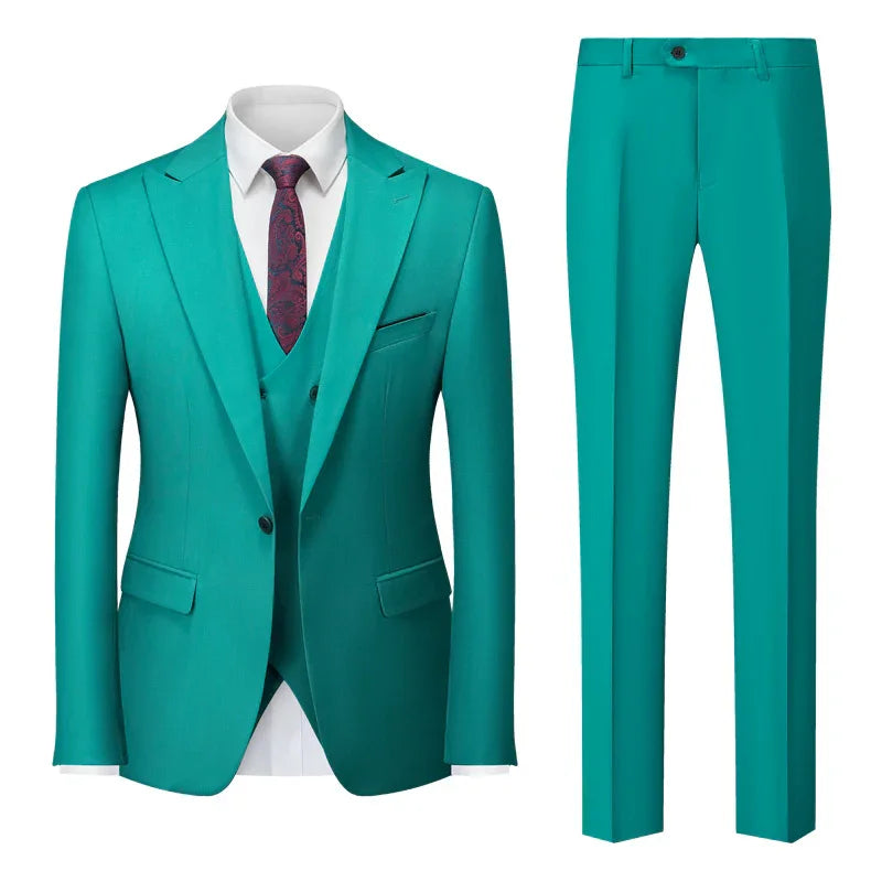 Teal three-piece men's suit with matching blazer, vest, and trousers paired with white shirt and patterned burgundy tie