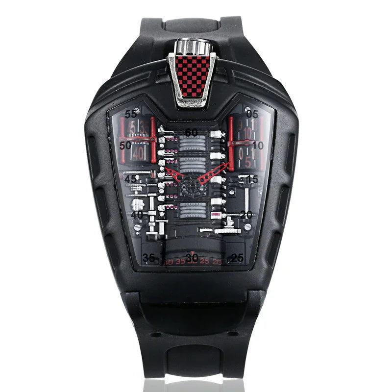 Black futuristic wristwatch with exposed mechanical components and red accents
