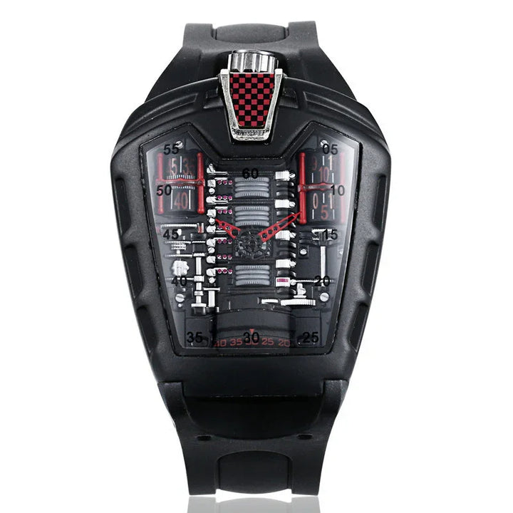 Black futuristic wristwatch with exposed mechanical components and red accents