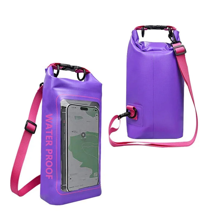 Purple waterproof dry bag with pink strap, clear phone pocket, and bold water proof text