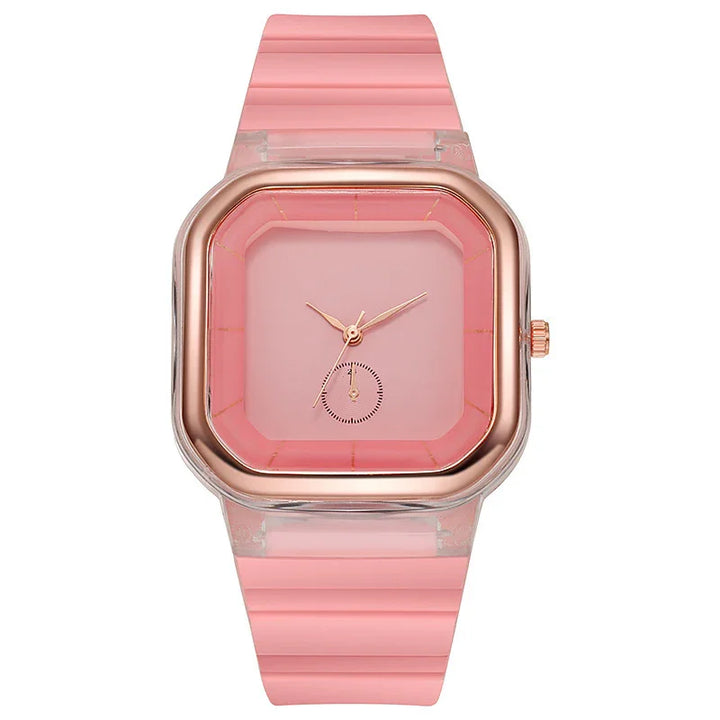 Pink square dial wristwatch with rose gold frame and matching pink strap