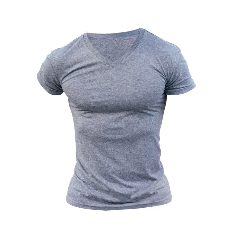 plain gray slim-fit V-neck t-shirt on mannequin with white background