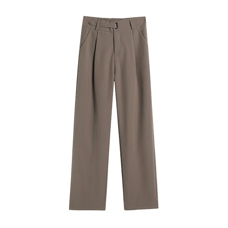 taupe-colored women's high-waisted wide-leg trousers with button and belt loop details
