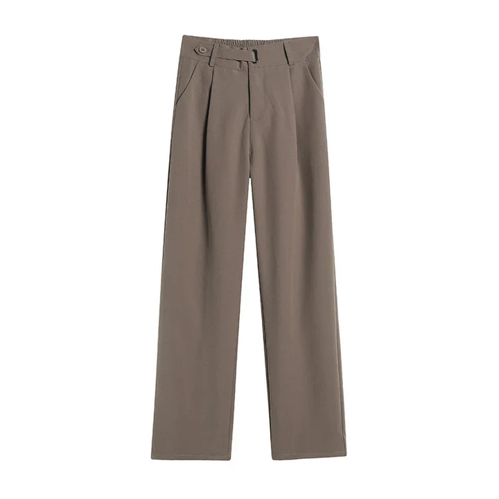taupe-colored women's high-waisted wide-leg trousers with button and belt loop details
