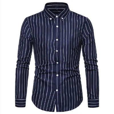 Navy blue men's button-up shirt with white vertical stripes and long sleeves