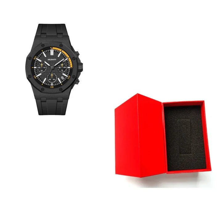 Black Munit chronograph wristwatch with yellow accents and an open red box with black foam insert