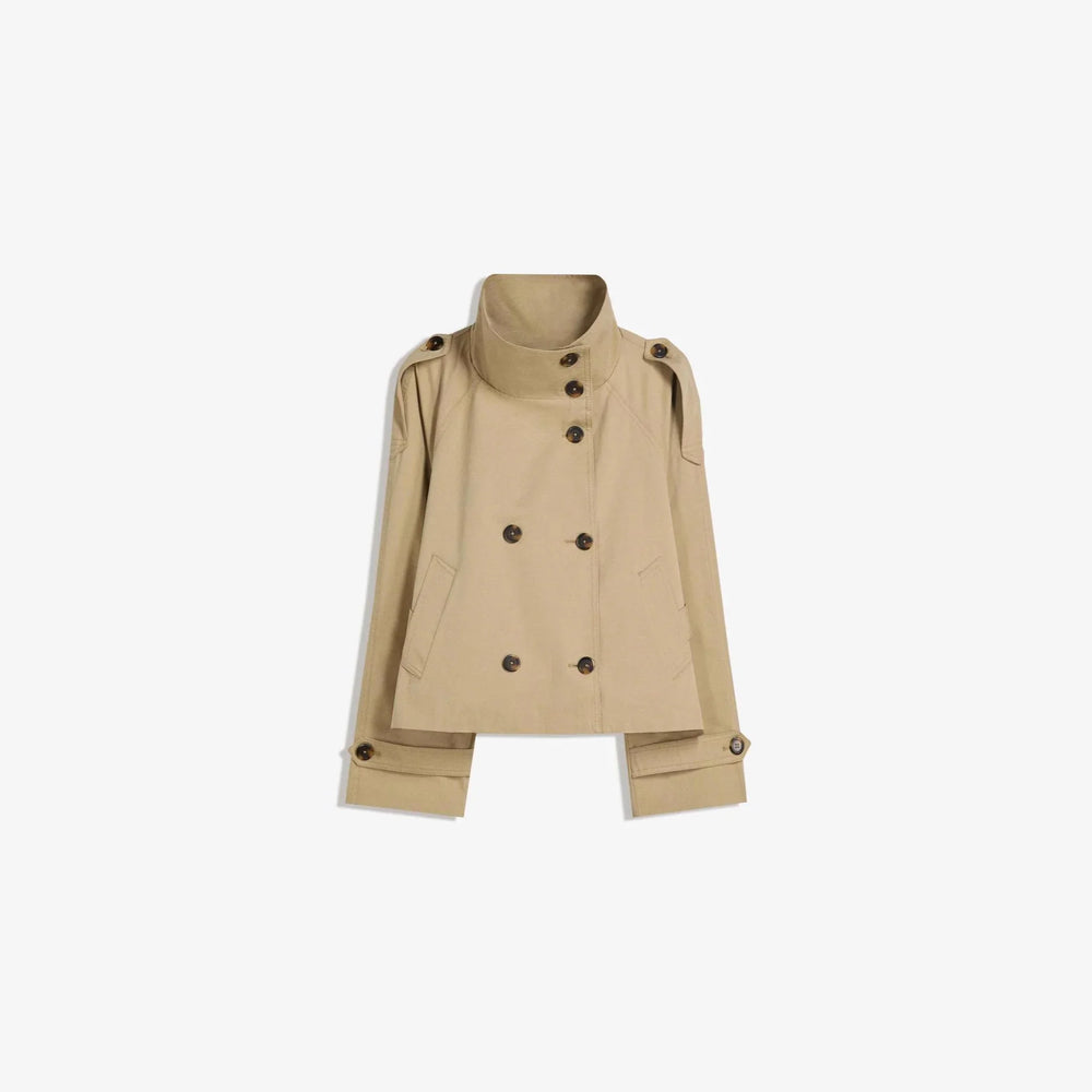 Beige cropped trench coat with double-breasted buttons and high collar on white background