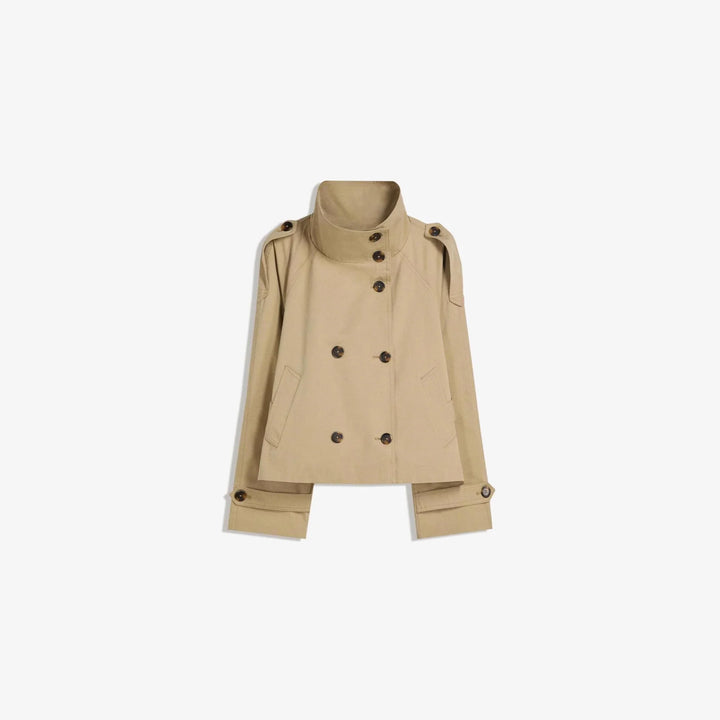 Beige cropped trench coat with double-breasted buttons and high collar on white background