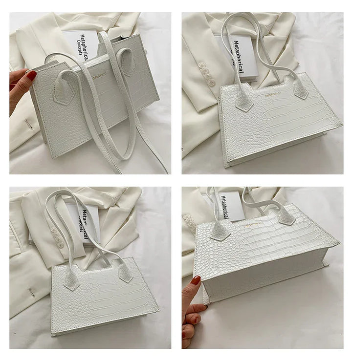 White crocodile texture leather tote bag displayed from multiple angles on cream fabric background