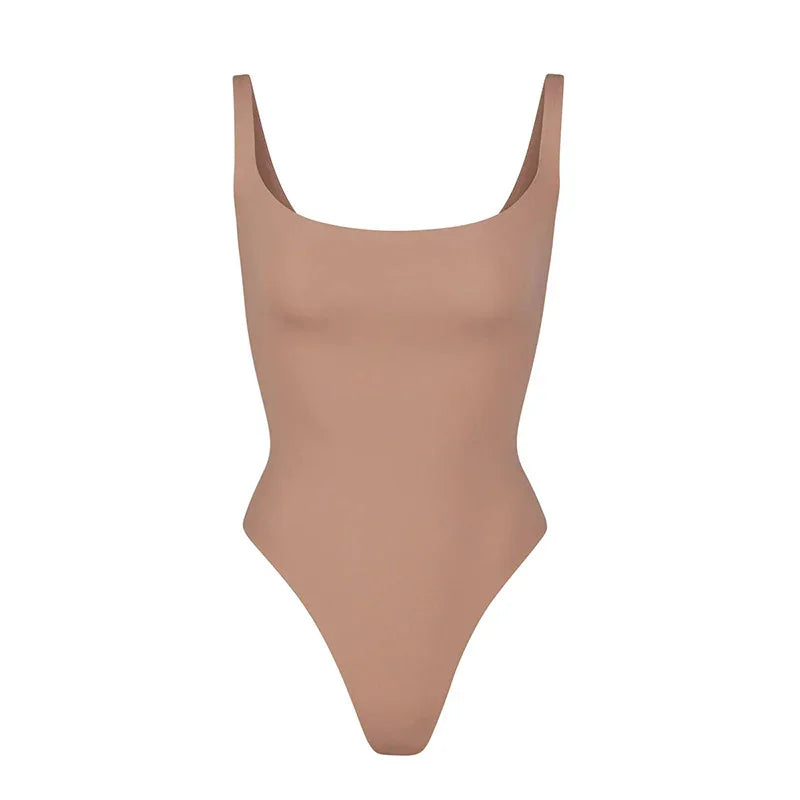 Minimalist nude brown one-piece swimsuit with wide straps and scoop neckline