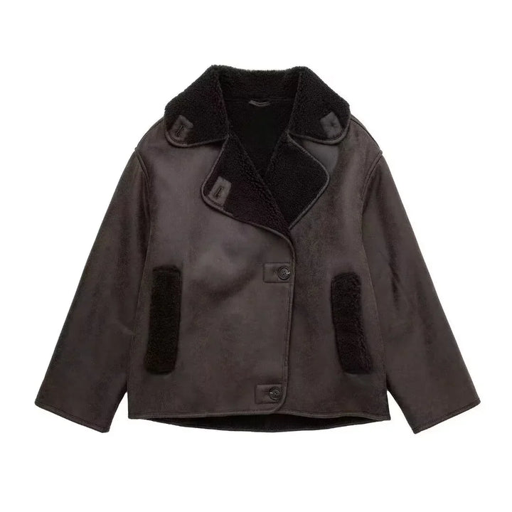 Black shearling jacket with large collar and button closure, cozy winter outerwear