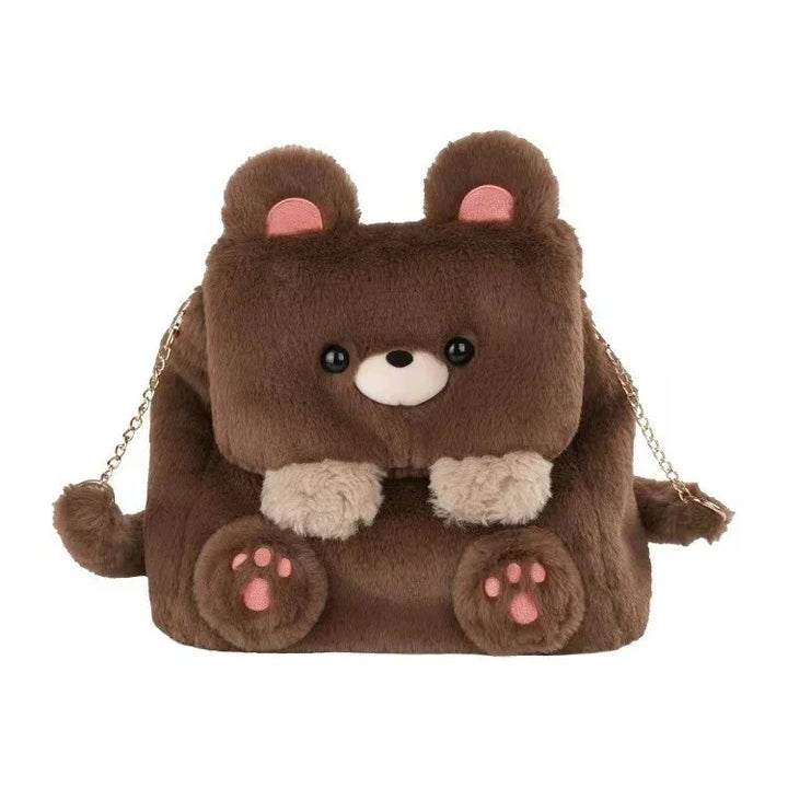 Cute brown plush bear handbag with chain strap, pink ears, and paw details