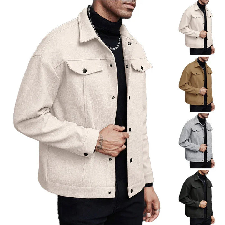Men's casual wool jacket in beige, camel, gray, and black with buttoned chest pockets and collar