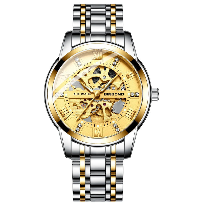 Automatic BINBOND gold and silver skeleton dial men's wristwatch with Roman numerals and metal bracelet