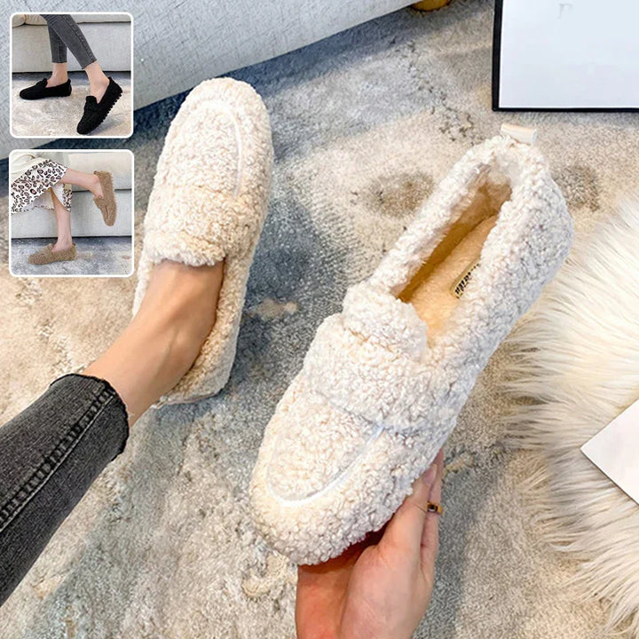 Cozy women's sherpa fleece slippers in cream, black, and brown colors for indoor comfort