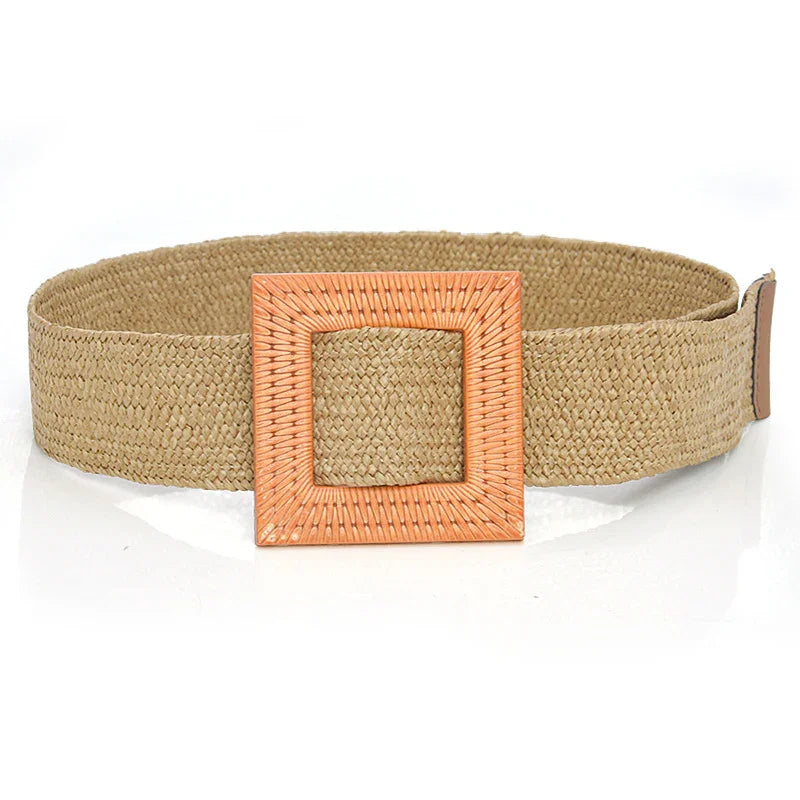 Wide beige woven belt with large square wooden buckle on white background