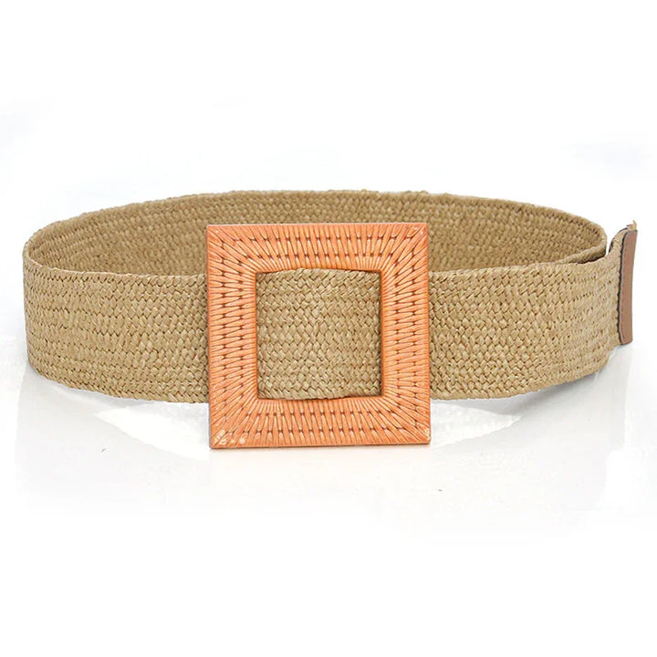 Wide beige woven belt with large square wooden buckle on white background