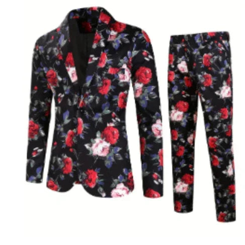 black floral suit with red, pink, and blue flowers, featuring a blazer and matching pants