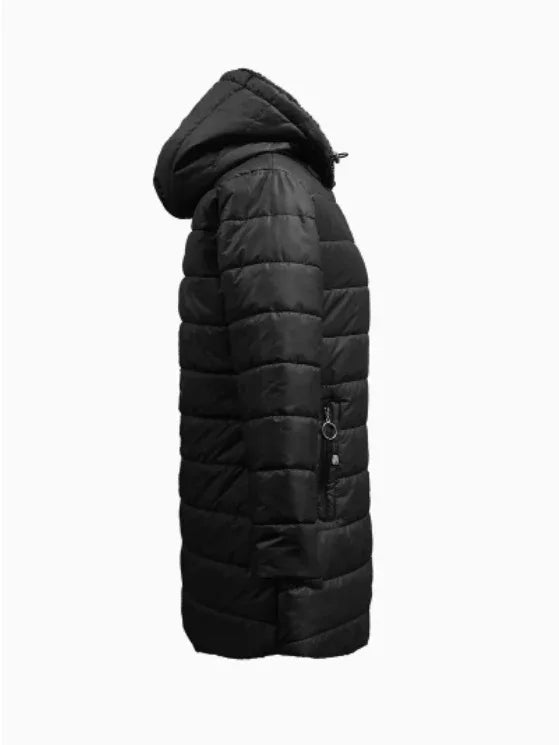 Black puffer winter coat with hood and zippered side pocket, side view on white background