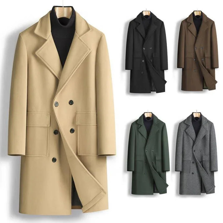 Men's double-breasted wool coat in beige, black, brown, green, and grey, styled with black turtleneck