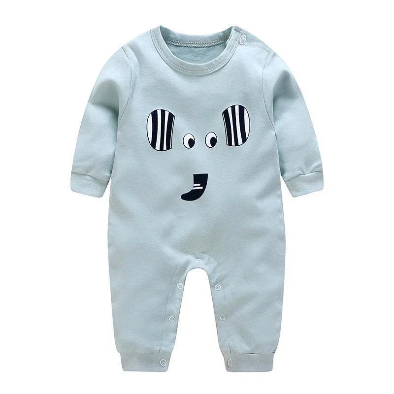 Light blue baby onesie with black and white animal face print and snap closures
