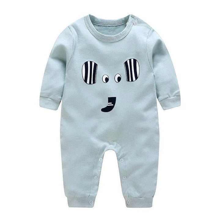 Light blue baby onesie with black and white animal face print and snap closures