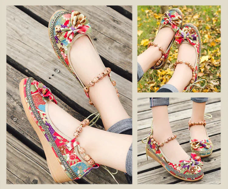 Colorful women's embroidered ballet flats with floral patterns and ankle bead straps on wooden and grassy backgrounds