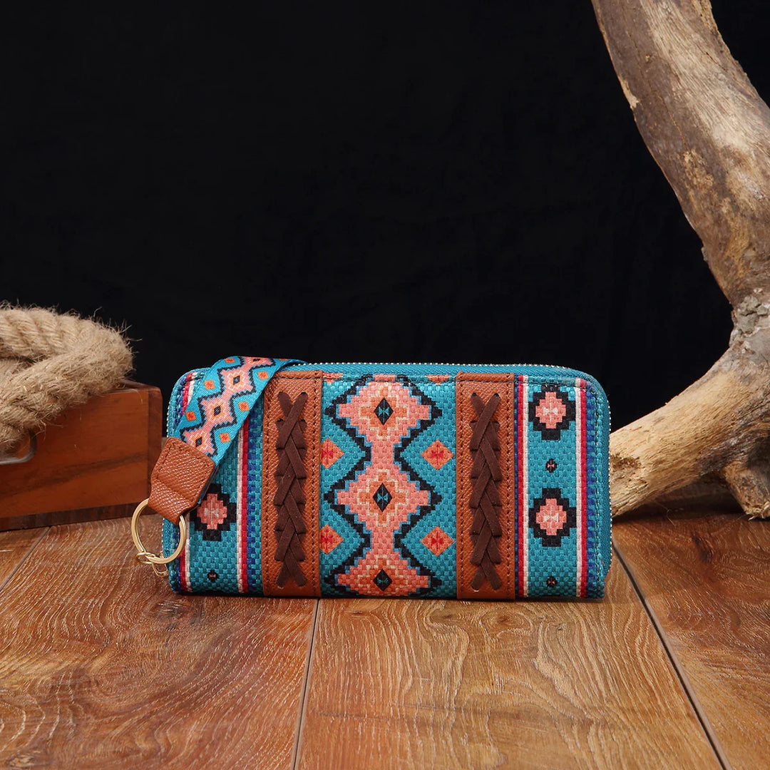 Colorful woven clutch purse with geometric patterns in blue, orange, and brown on wooden floor
