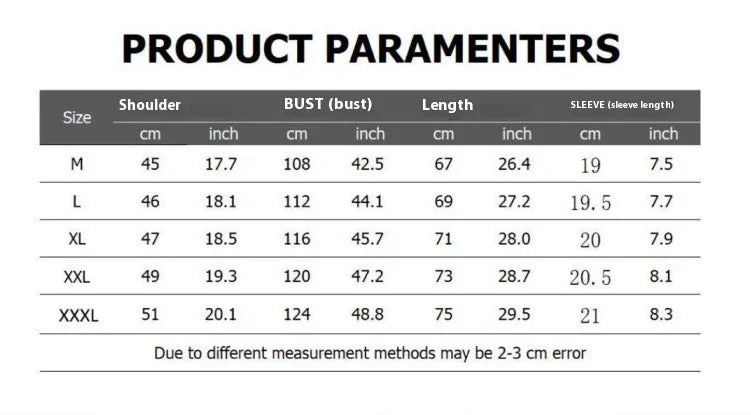 Clothing size chart with shoulder, bust, length, and sleeve measurements for M to XXXL sizes in cm and inches