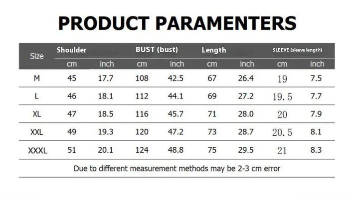 Clothing size chart with shoulder, bust, length, and sleeve measurements for M to XXXL sizes in cm and inches