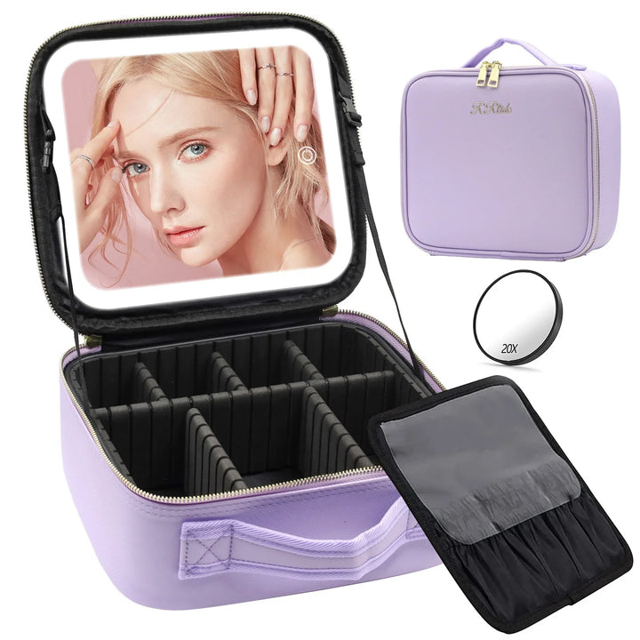 Lavender travel makeup case with organizer inserts, built-in lighted mirror, and 20X magnifying mirror