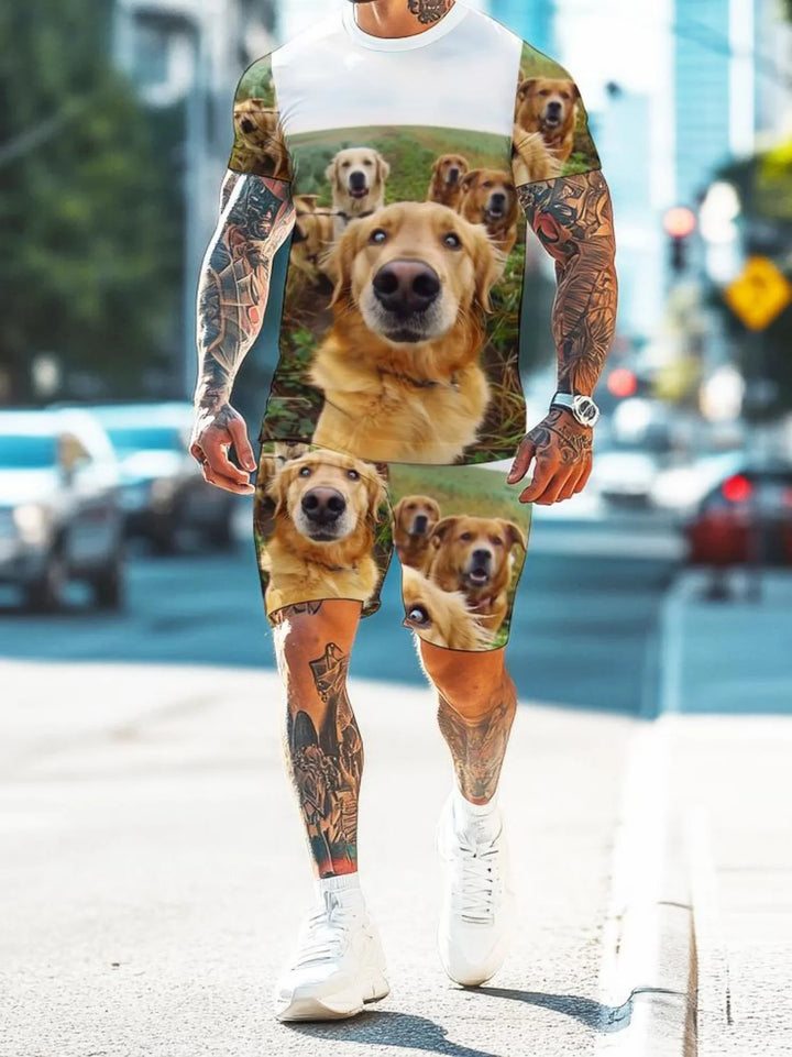 man with full sleeve tattoos wearing a matching outfit featuring multiple golden retriever dog faces in an urban street setting