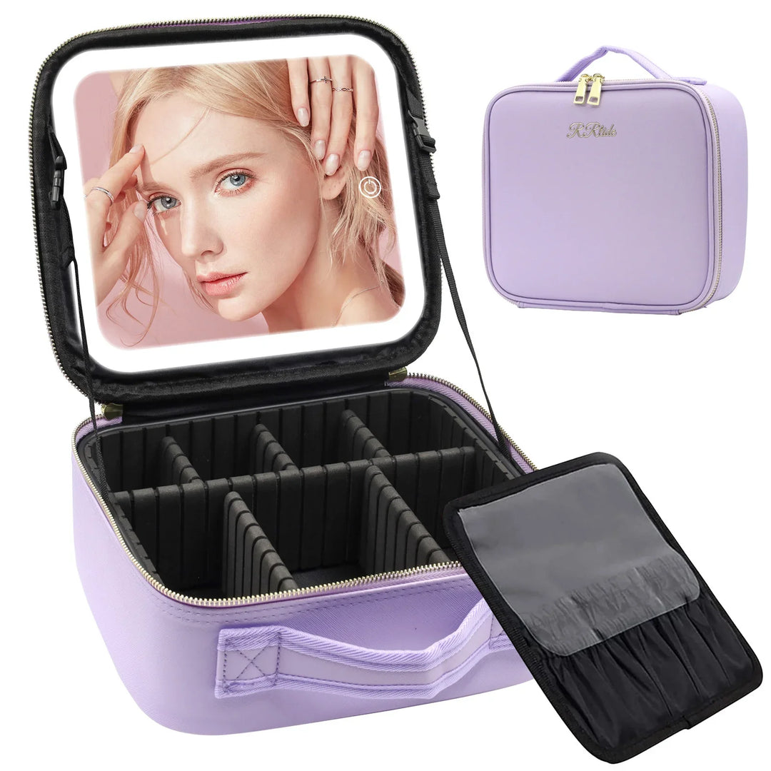 Lavender makeup organizer case with adjustable compartments, built-in LED mirror, and detachable brush holder