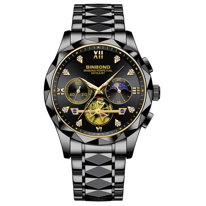 BINBOND black and gold perpetual datejust men's wristwatch with diamond hour markers and metal strap