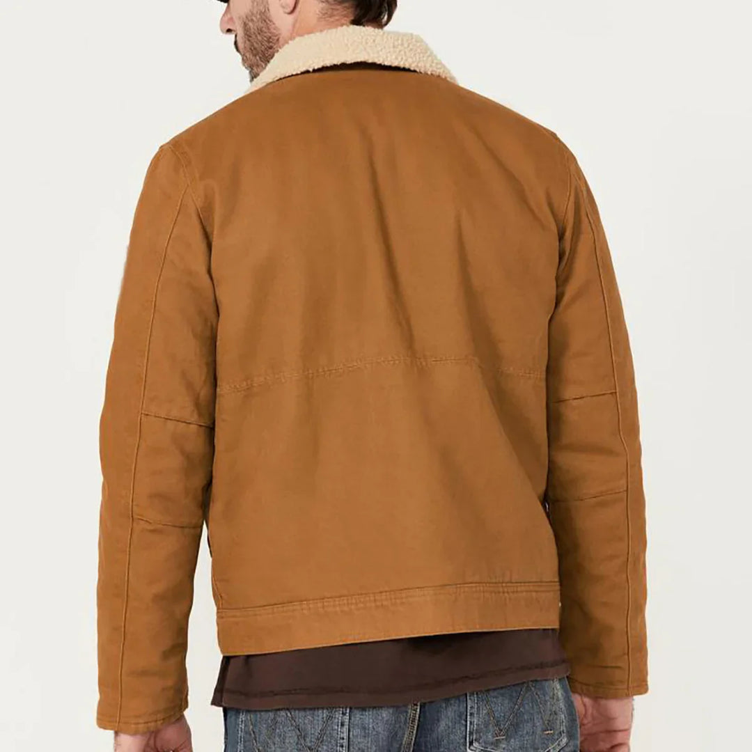 Man wearing brown sherpa collar jacket with blue jeans, rear view on white background