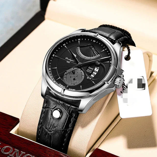 luxury men's wristwatch with black leather strap, silver case, and black multi-function dial