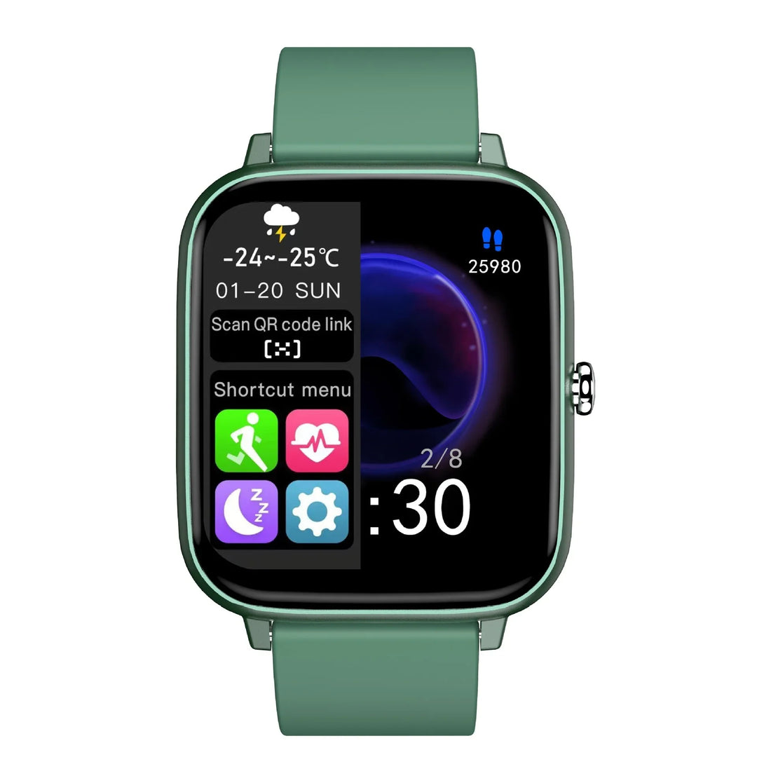 Green smart watch with weather forecast, step count, and fitness app icons on screen