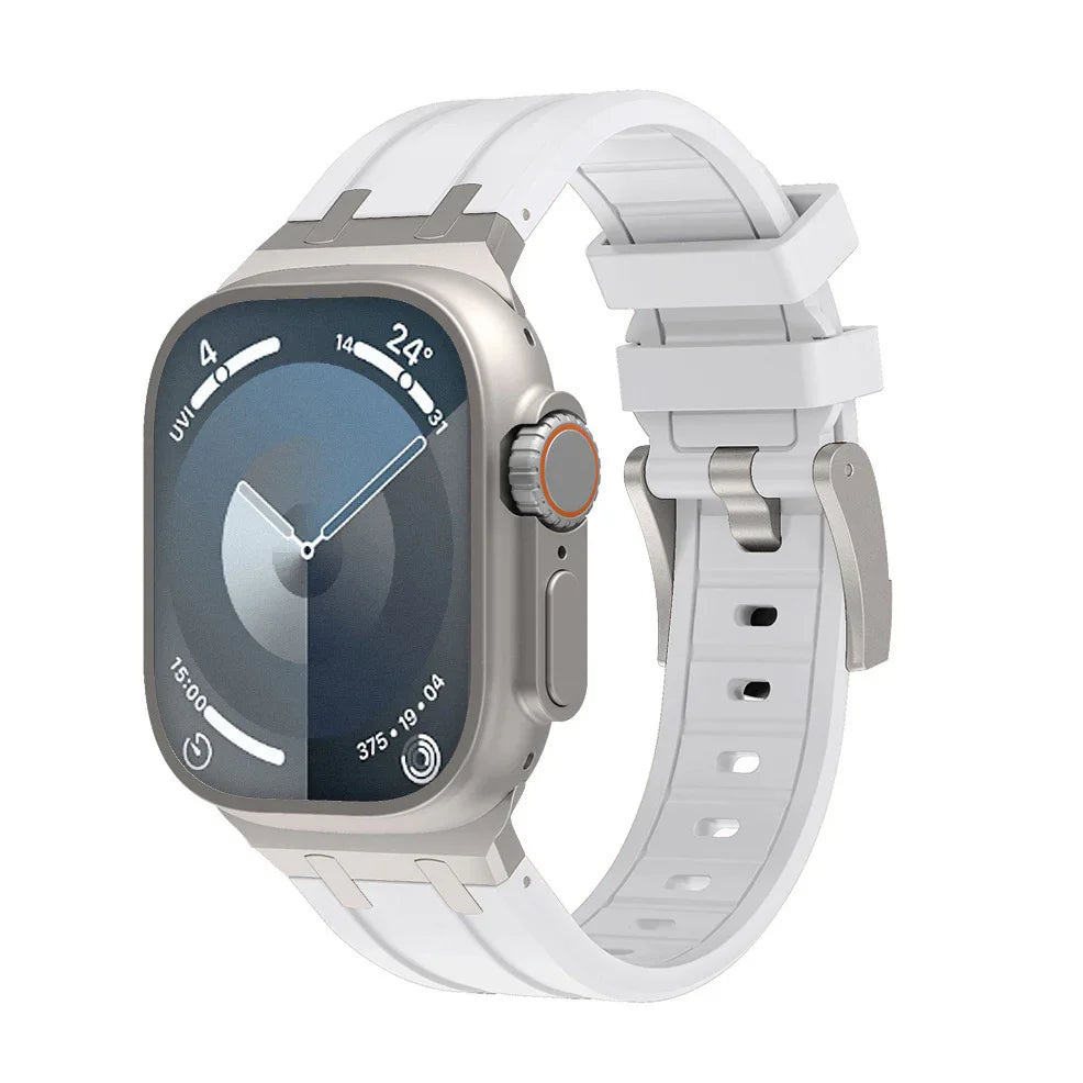 Silver smartwatch with white silicone strap and digital display showing time and weather