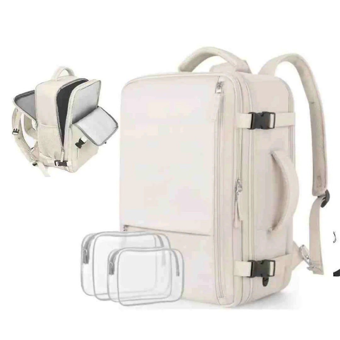 white rectangular backpack with multiple compartments, side handle, padded shoulder straps, and clear packing cubes
