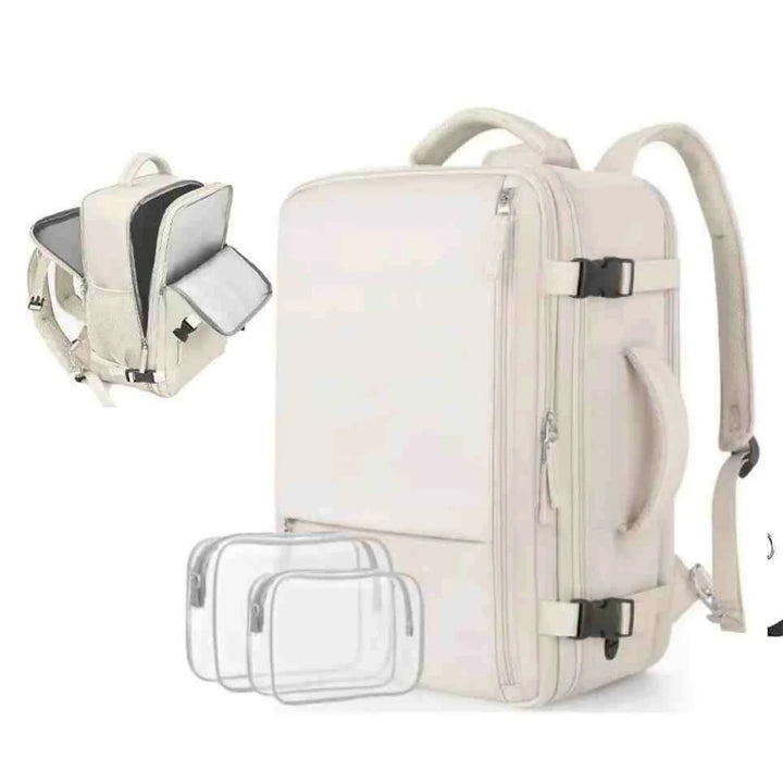white rectangular backpack with multiple compartments, side handle, padded shoulder straps, and clear packing cubes