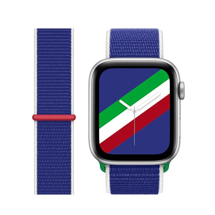 Smartwatch with blue, white, green, and red striped nylon band and matching watch face