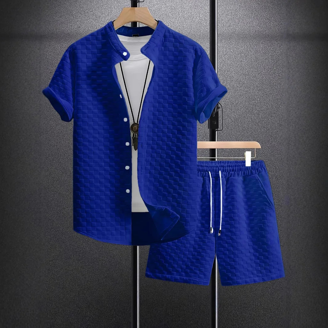 Blue textured short sleeve shirt and matching shorts set with white drawstrings and inner white t-shirt on hangers