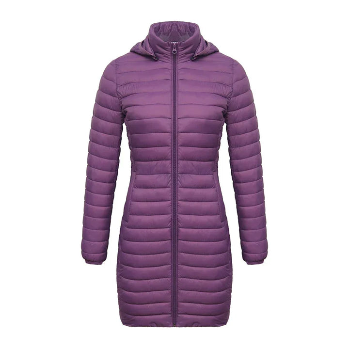 Women's long purple puffer jacket with hood and front zipper on white background