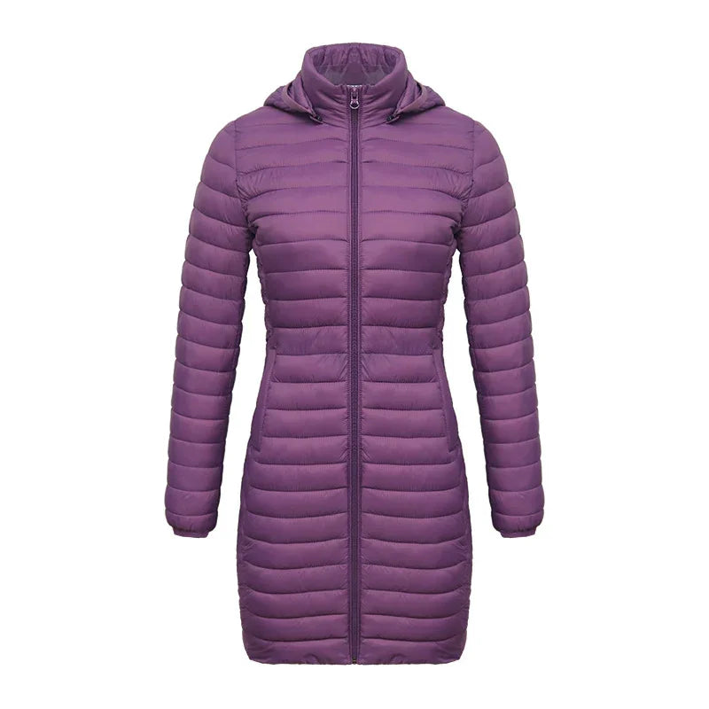 Long purple padded winter jacket with hood and front zipper for women