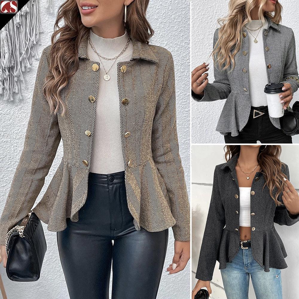 Women wearing stylish button-up peplum jackets in brown, gray, and black paired with casual tops and jeans